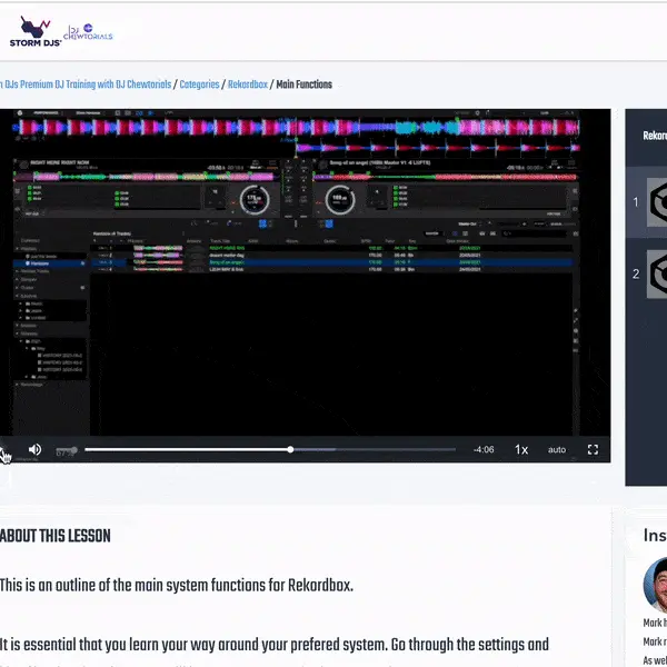 DJ course module navigation inside the Storm DJs training platform