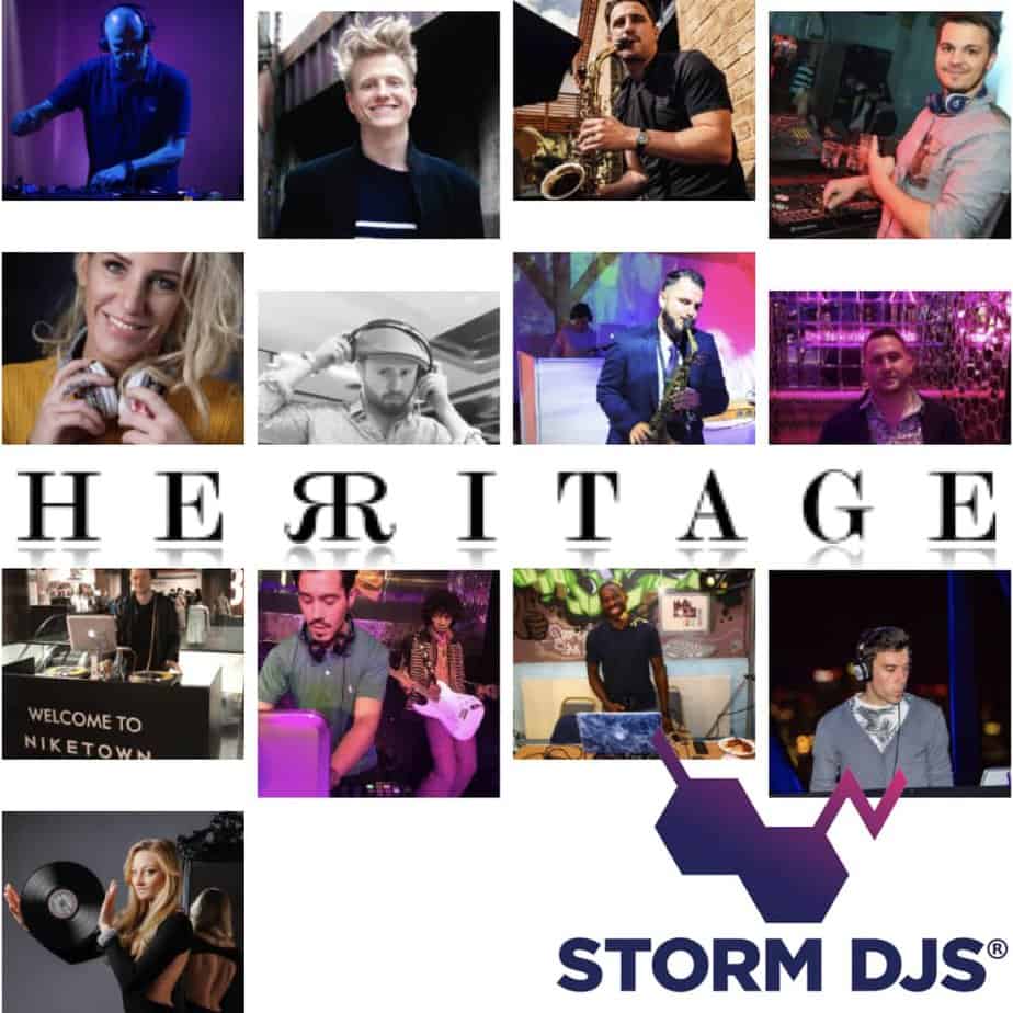 Who are the DJs and Saxophonists at Heritage London?